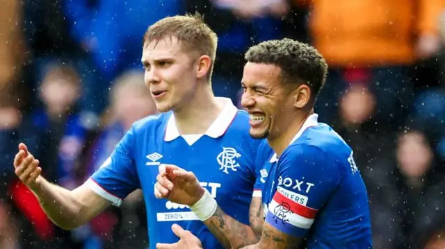 Rangers James Tavernier celebrates with Oliver Antman during a Scottish Gas Scottish Cup Fifth Round match between Rangers and Queen's Park at Ibrox Stadium, on February 08, 2026, in Glasgow, Scotland