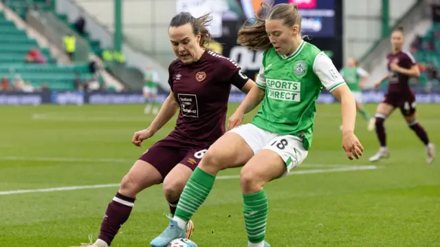 Hibernian's Rosie Livingstone (R) and Hearts' Ciara Grant in action during a Scottish Power Women's Premier League match between Hibernian and Heart of Midlothian at Easter Road Stadium