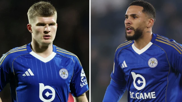 Side-by-side photos of Jordan James and Jamaal Lascelles wearing a Leicester City home shirt