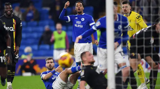 Dimitrios Goutas and Chris Willock rue a missed chance for Cardiff City against Watford