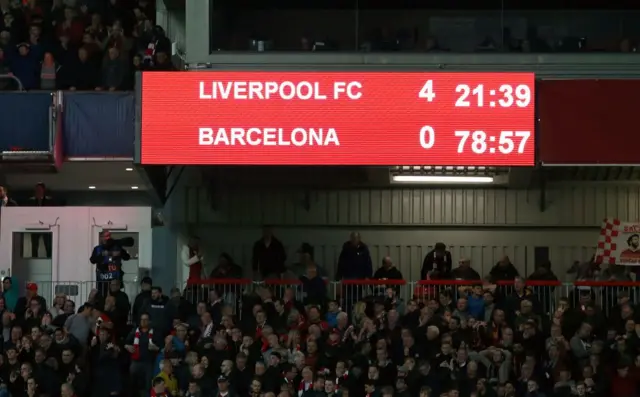 Scoreboard at Anfield reads Liverpool 4-0 Barcelona