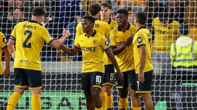 Wolves players celebrate scoring against Everton