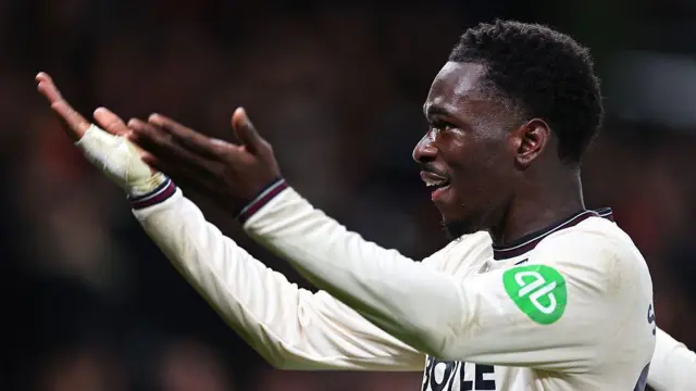 Soungoutou Magassa of West Ham United celebrates after scoring against Manchester United
