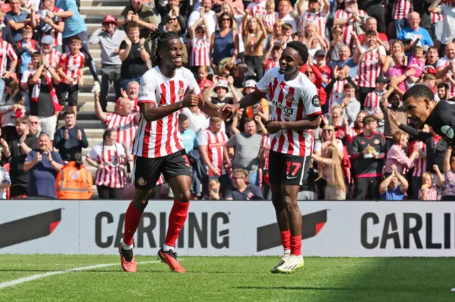 Pierre Ekwah of sunderland scores the third goal and celebrates with his team during the Championship match between Sunderland and Southampton FC at Stadium of Light on September 2, 2023 in Sunderland