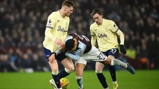 Morgan Rogers of Aston Villa is challenged by Jake O'Brien and James Garner of Everton