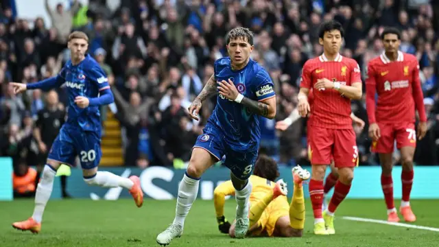 Enzo Fernandez celebrates scoring for Chelsea against Liverpool in May