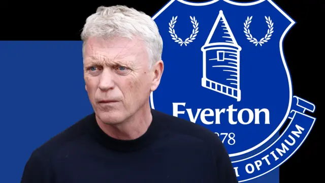 A graphic of David Moyes in front of a black and blue background and an Everton badge