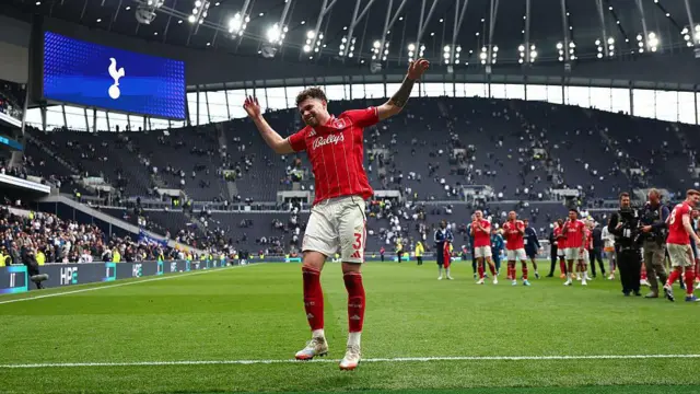 Neco Williams of Nottingham Forest celebrates at the Tottenham Hotspur Stadium