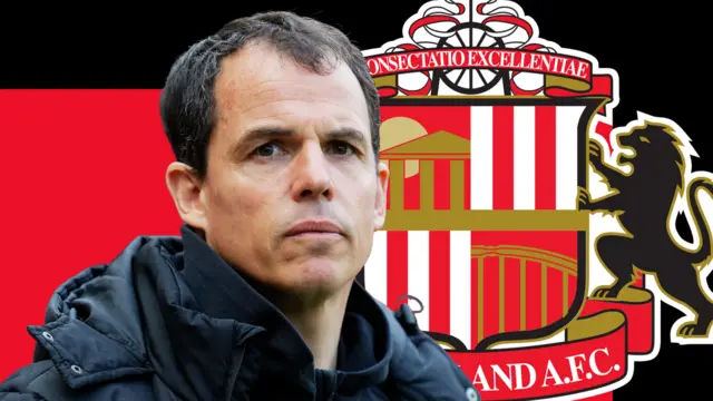 A graphic of Regis le Bris in front of a black and red background and a Sunderland badge