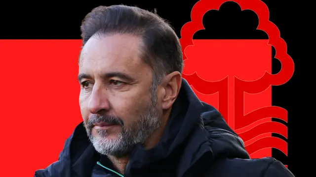 A graphic of Vitor Pereira in front of a black and red background and a Forest badge