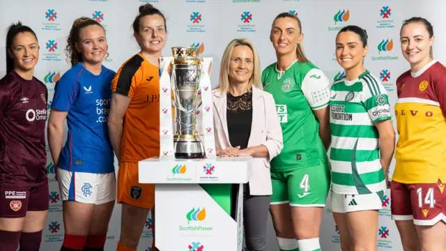 Players from the top six teams, alongside Fiona McIntyre (SWPL Managing Director) promote the final 10 Scottish Women’s Premier League (SWPL) games of the season. Pictured (L to R): Emma Brownlie (Hearts), Mia McAuley (Rangers), Hayley Lauder (Glasgow City), Siobhan Hunter (Hibs) Shannon McGregor (Celtic) and Gillian Inglis (Motherwell) at Hampden Park, on March 11, 2025, in Glasgow, Scotland