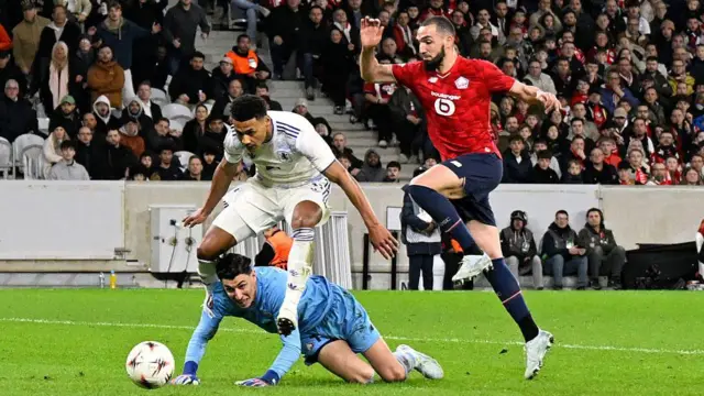 Ollie Watkins of Aston Villa in action against Lille