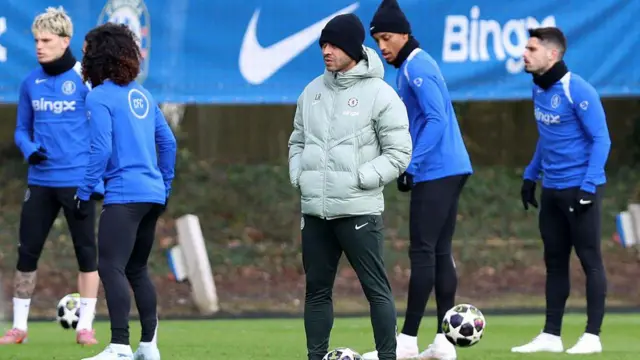 Chelsea's English head coach Liam Rosenior looks on during a team training session
