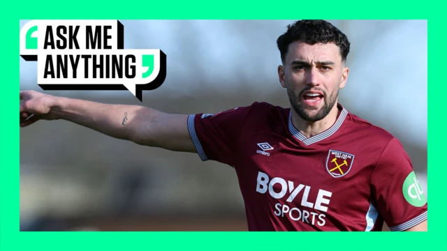 Max Kilman on an Ask Me Anything banner. He plays for West Ham and shouts and points at the same time.