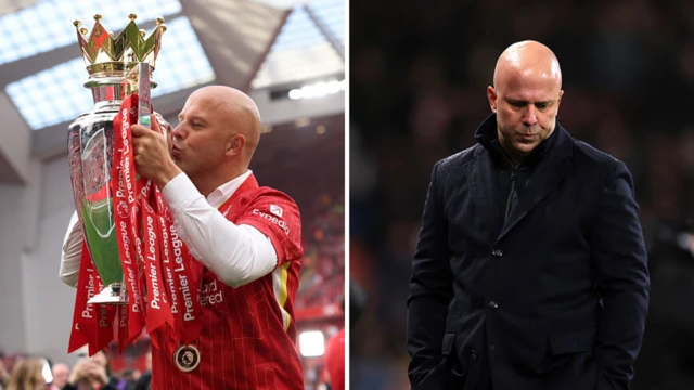 A split graphic of Arne Slot with the Premier League trophy next to a picture of Arne Slot looking deject