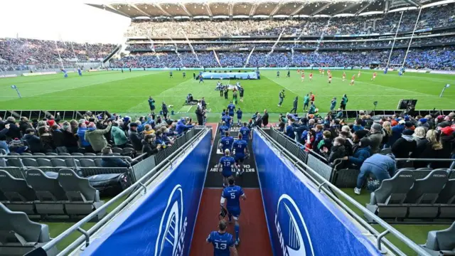 Leinster players run out at Croke Park ahead of facing Munster in October