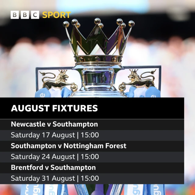 Southampton's August fixtures: Newcastle v Southampton, Southampton v Nottingham Forest, Brentford v Southampton