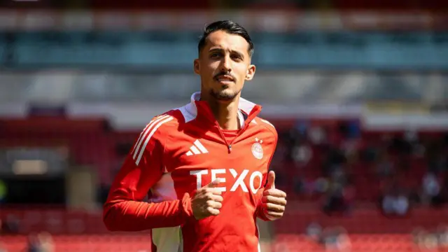 Aberdeen's Bojan Miovski during a Premier Sports Cup group stage match between Aberdeen and Dumbarton at Pittodrie Stadium, on July 27, 2024, in Aberdeen, Scotland.  (Photo by Craig Williamson / SNS Group)