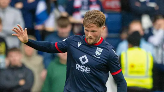 DINGWALL, SCOTLAND - SEPTEMBER 14: Ross County's Noah Chilvers in action during a William Hill Premiership match between Ross County and Dundee at the Global Energy Stadium, on September 14, 2024, in Dingwall, Scotland. (Photo by Paul Devlin / SNS Group)