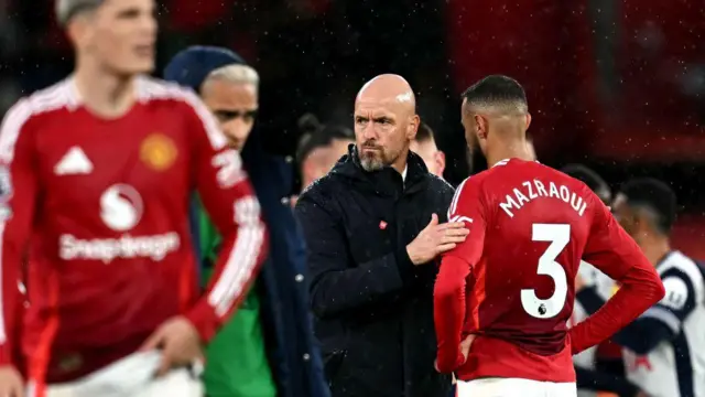 Manchester United's Dutch manager Erik ten Hag reacts after the English Premier League football match between Manchester United and Tottenham Hotspur at Old Trafford