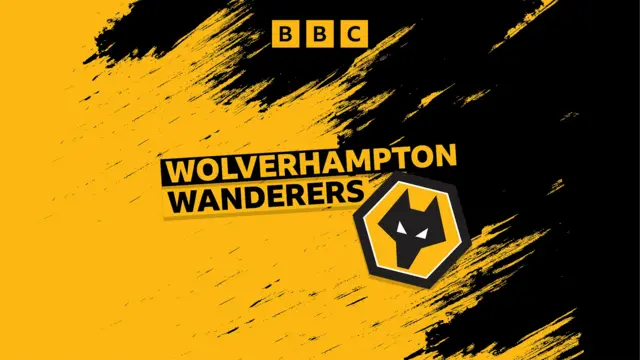 Wolverhampton Wanderers in block capitals on an orange and black background- next to the text is a Wolves crest.