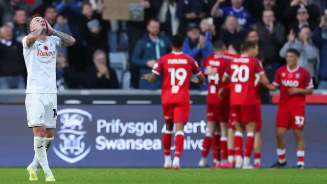 Josh Tymon shows his disappointment during Swansea's loss to Ipswich 