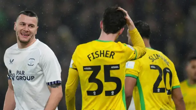 Preston North End's Milutin Osmajic laughing at Norwich City right-back Kellan Fisher