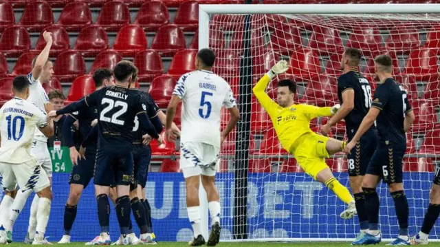 An injury-time goal from Rasmus Falk doubled Kilmarnock's deficit in the first leg