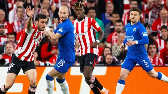 Athletic Club's Inigo Lekue and Rangers Vaclav Cerny in action during a Europa League Quarter-Final Second Leg