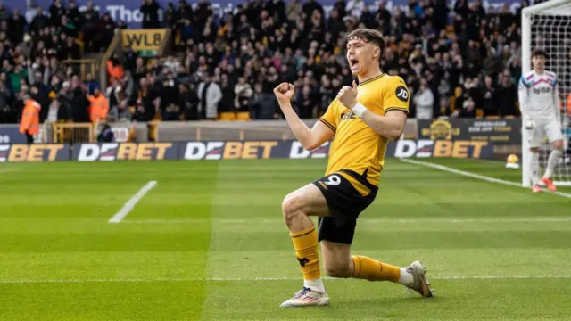 Jorgen Strand Larsen celebrates scoring a goal for Wolves