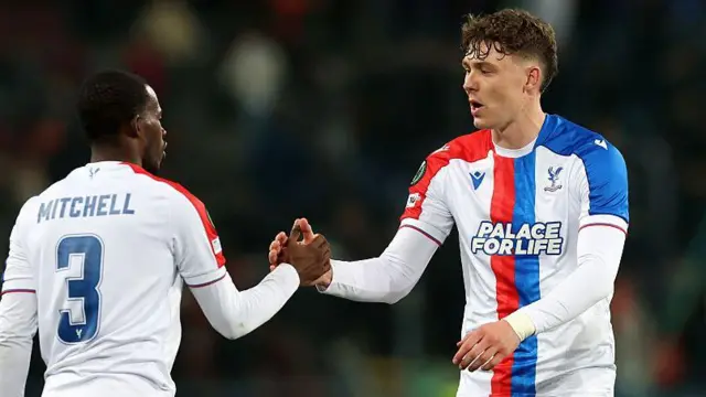 Jorgen Strand Larsen and Tyrick Mitchell shake hands after the game against Shakhtar Donetsk