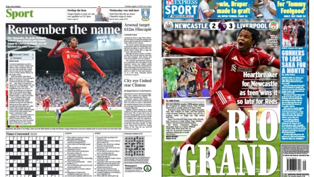 The Times back page with headline 'Remember the name' and The Express back page with the headline 'Rio Grand'