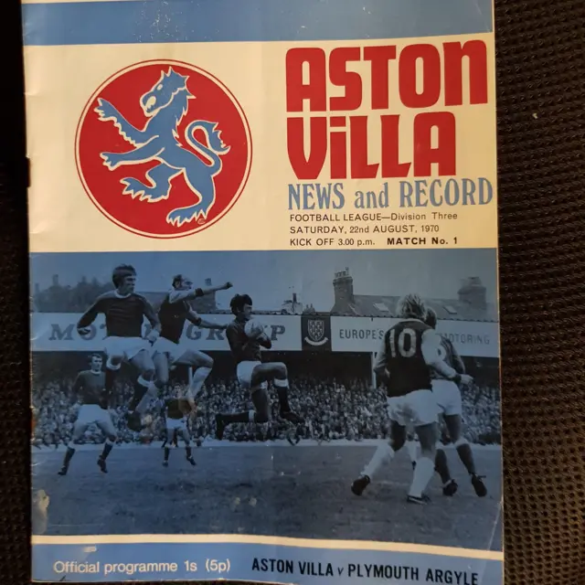 Aston Villa programme from match v Plymouth Argyle in 1970