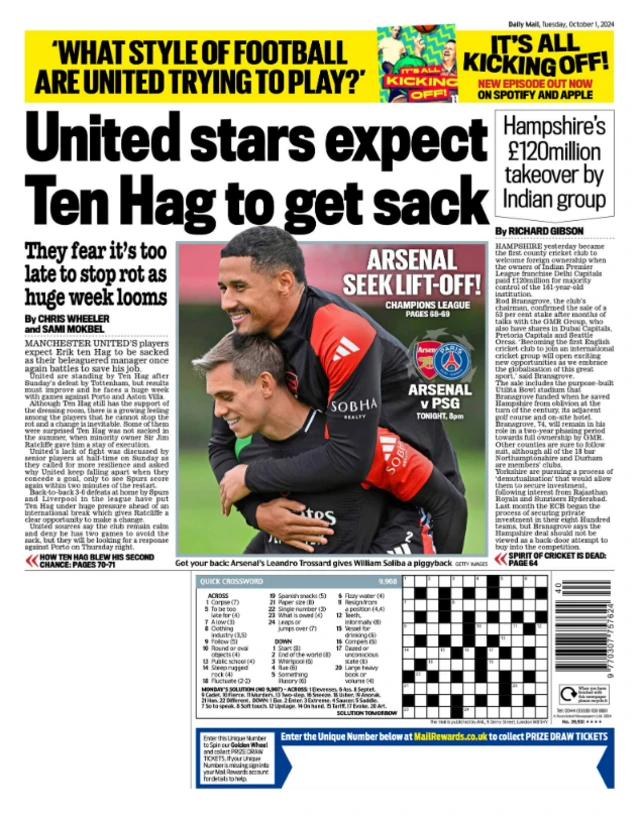 Daily Mail back page - 'United stars expect Ten Hag to get sack'