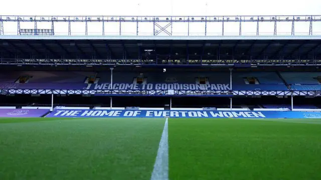 A general view of the inside of Goodison Park with a banner stretched across a stand declaring 'The home of Everton Women'