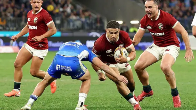  Sione Tuipulotu of the British & Irish Lions charges upfield during the tour match between the Western Force and British & Irish Lions at the Optus Stadium