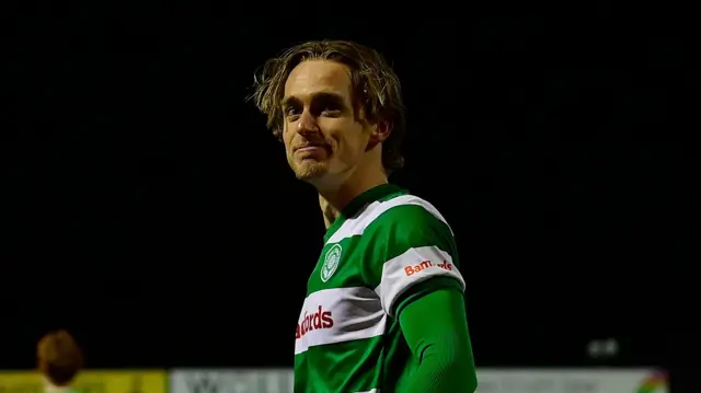 Luke McCormick with a big grin on his face after scoring for Yeovil against Braintree