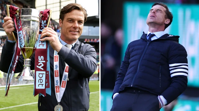 Two images of Scott Parker - one holding the Championship trophy, the other dejected on the touchline