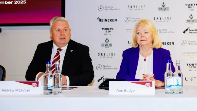 Hearts CEO Andrew McKinlay sits next to Hearts' outgoing chairperson Ann Budge