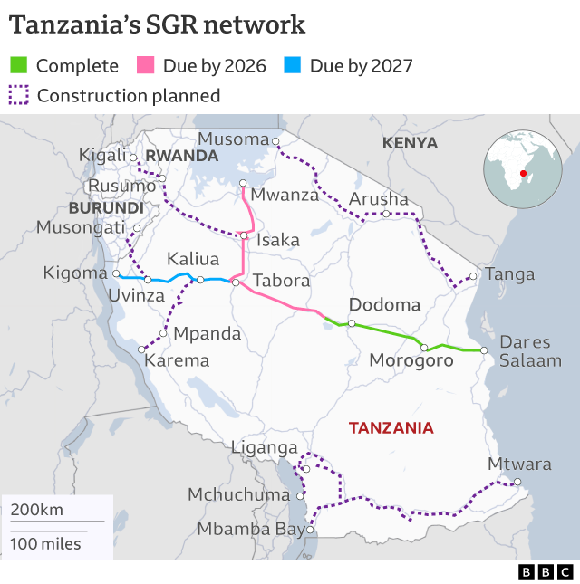 A map showing the existing and planned railway network in Tanzania. Three lines stretch east-west across the country including one from Dar es Salaam to the western border.