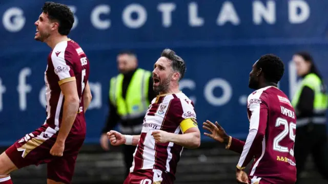 St Johnstone’s Nicky Clark celebrates after scoring to make it 2-1  during a William Hill Premiership match between Dundee and St Johnstone at the Scot Foam Stadium at Dens Park, on October 26, 