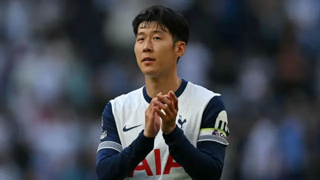 Son Heung-Min applauds fans after the English Premier League football match between Tottenham Hotspur and Brentford at the Tottenham Hotspur Stadium