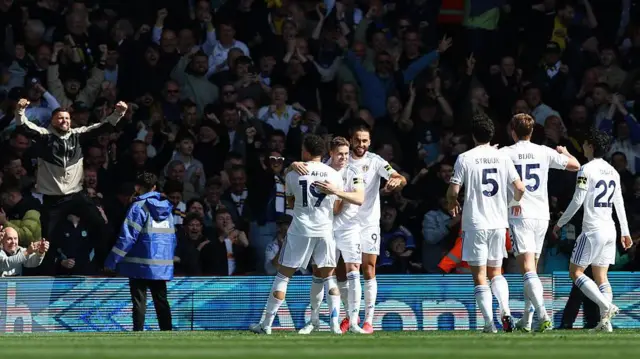 Leeds United celebrate after scoring.
