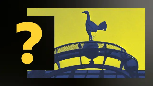 A yellow question mark on a background overlays an image outside the Tottenham Hotspur Stadium