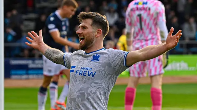 Kilmarnock's Matty Kennedy celebrates scoring to make it 3-2 during a William Hill Premiership match between Dundee and Kilmarnock at the Scot Foam Stadium at Dens Park