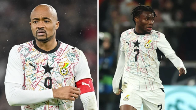 A side by side image of Jordan Ayew and Abdul Fatawu in action for Ghana wearing a white kit with a colourful spider's web design on the shirt with a black star in the middle