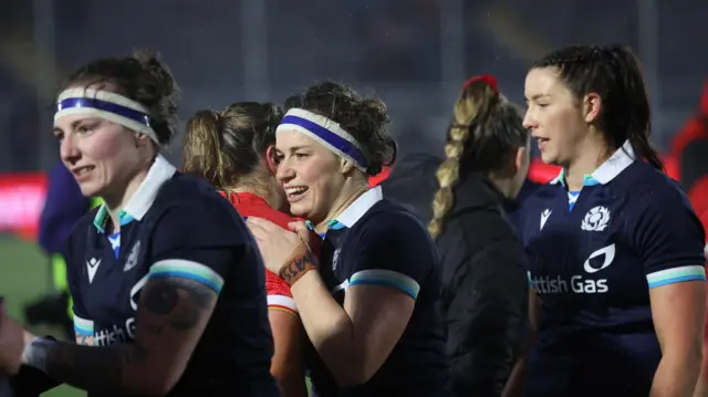 Scotland celebrate their Women's Six Nations win against Wales