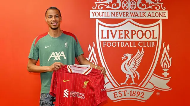 Hugo Ekitike holding a Liverpool home shirt