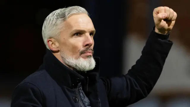 Dundee United manager Jim Goodwin at full time during a William Hill Premiership match between Dundee and Dundee United at the Scot Foam Stadium at Dens Park