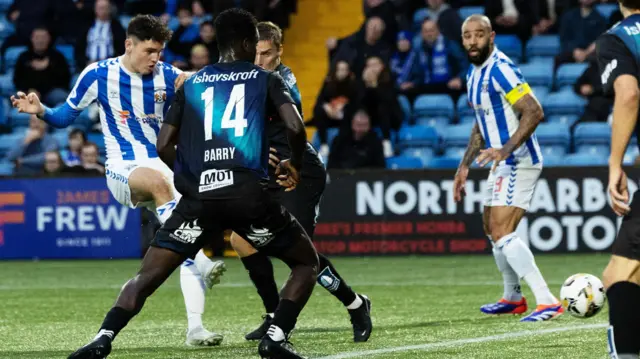 Kilmarnock’s Bobby Wales scores to make it 2-2 during a UEFA Europa Conference League qualifier between Kilmarnock and Tromso IL at Rugby Park